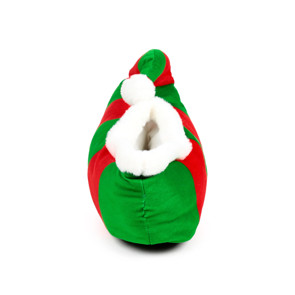 Back view of a plush slipper with red and green stripes, white faux fur trim, and a white pom-pom at the heel. The foot opening is visible, revealing the soft lining.