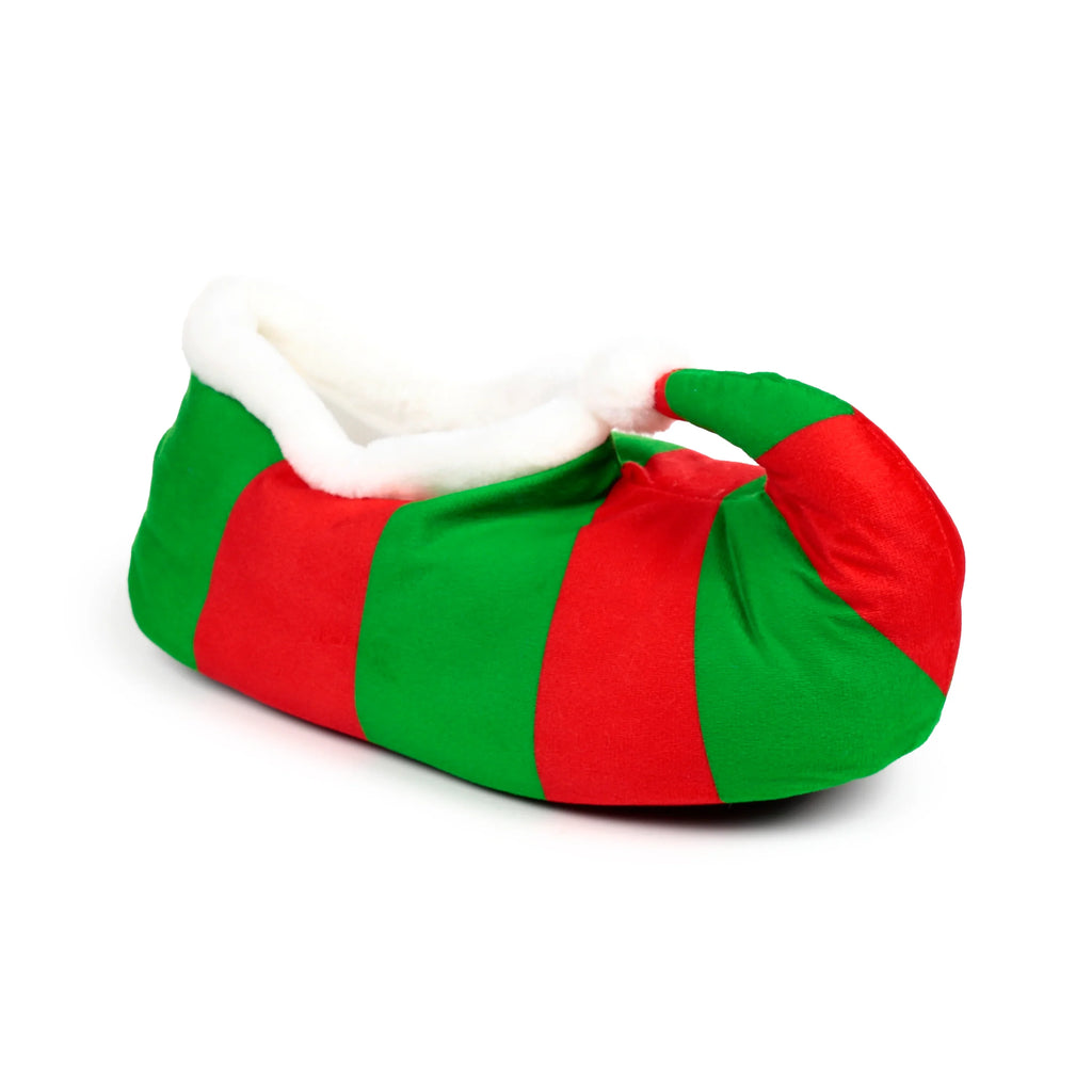 A single plush Christmas elf slipper, featuring red and green stripes, a white fluffy trim, and a pointed toe with a white pom-pom.