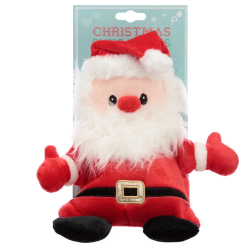 Front view of a plush Christmas Santa microwavable heat wheat pack, featuring a red suit, white beard, and a gold-coloured belt buckle, against a white background with light blue display packaging.