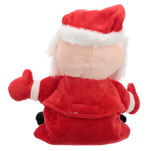Rear view of a Christmas Santa microwavable heat wheat pack, showing its plush red suit with white trim, light-coloured head, and white hair.
