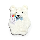 Front view of a white plush polar bear hot water bottle with black eyes and nose, a light blue bow tie, and a hanging white tag.