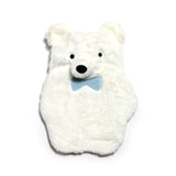 Front view of a white plush hot water bottle with a polar bear design, featuring black eyes, a black nose, and a light blue bow tie.