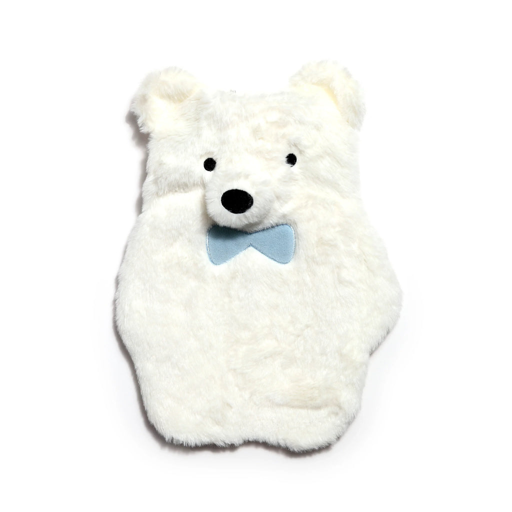 Front view of a white plush hot water bottle with a polar bear design, featuring black eyes, a black nose, and a light blue bow tie.