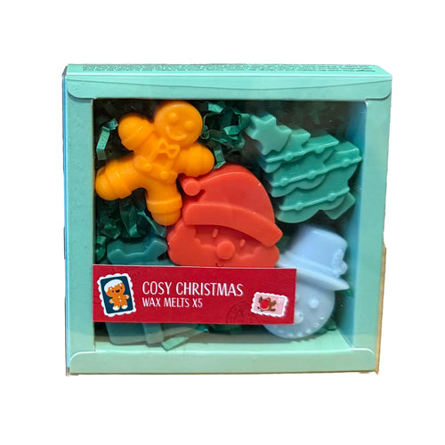 Front view of a light green boxed set of five Christmas wax melts, featuring an orange gingerbread man, a red Santa, green Christmas trees, and a light blue snowman, with a 'Cosy Christmas' label across the front.