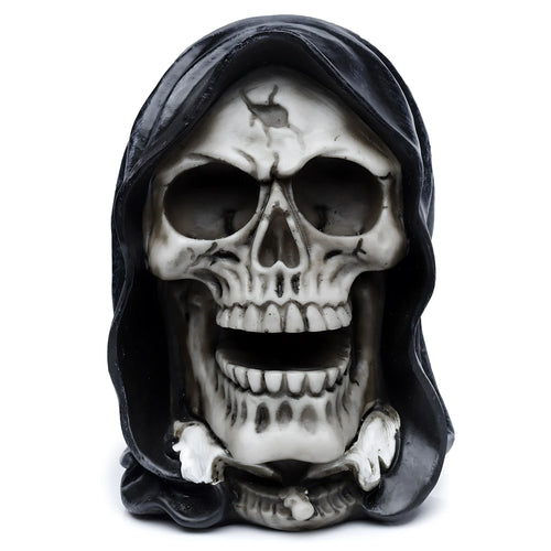 Front view of a white and black Reaper skull head ornament, featuring an open mouth and dark hooded cloak.