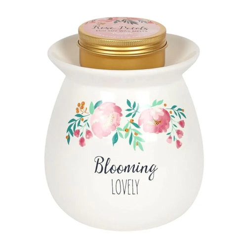 Wax Melt Burner with Rose Petals Fragrance Gift Set - Blooming Lovely Design