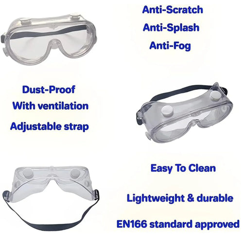 Safety Goggles - Wrap around clear eye protection glasses with scratch resistant, anti-fog lenses