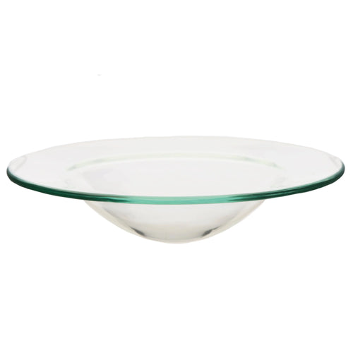 Angled view of a clear glass oil burner dish, featuring a wide, flat rim and a curved bowl.