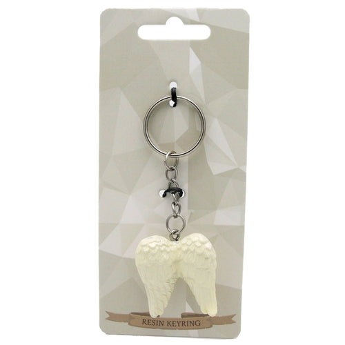 Front view of a cream angel wings resin keyring with textured feathers, attached to a silver-coloured metal split ring and chain, on a light grey display card.