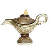 Ornate gold-coloured magic lamp incense burner, showing intricate embossed patterns and an unlit cone positioned in the opening.