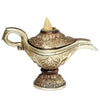 Ornate gold-coloured backflow incense burner shaped like a magic lamp, featuring intricate floral patterns and a light-coloured incense cone in the top opening, on a white background.