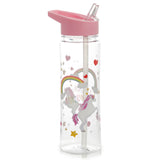 Upright clear plastic reusable water bottle with an open pink flip straw lid, adorned with a vibrant unicorn and rainbow design, scattered hearts, and stars.