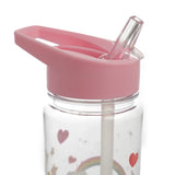 Close-up of a clear reusable water bottle, angled to show its pink lid with an open clear flip straw and integrated handle. The bottle body features a pattern of hearts, stars, and a rainbow.