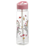 Front view of a clear reusable water bottle featuring a pink flip-straw lid and an internal straw. The bottle is decorated with a vibrant design of unicorns, rainbows, pink hearts, and yellow stars.