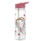 Clear water bottle with a pink flip straw lid, featuring two unicorns, rainbows, hearts, stars, and Enchanted Rainbows text.