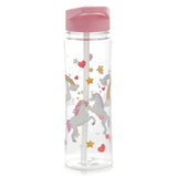 Upright clear water bottle with a pink lid, internal white straw, and colourful unicorn, rainbow, heart, and star decorations.
