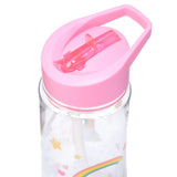 Close-up top view of a clear water bottle with a pink lid, integrated handle, and translucent pink flip straw, decorated with rainbow and star designs.