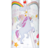 Close-up of a water bottle, depicting a white unicorn with pink mane and tail, a gold horn, a rainbow, cloud, red hearts, yellow stars, and the text 'KEEP GOING TO THE END OF THE RAINBOW'.