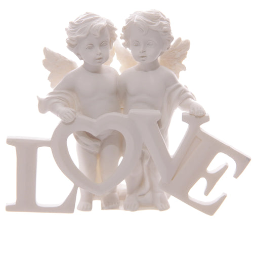 Front view of a white cherub figurine pair holding the word LOVE, with the 'O' as a heart.