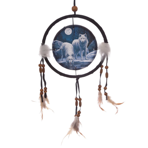 Front view of a Lisa Parker Warriors of Winter wolf dreamcatcher, depicting two white wolves by water in a moonlit winter scene, with a black hoop, white fluffy details, wooden beads, and feather tassels.