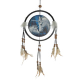 Front view of a dreamcatcher featuring a central illustration of two white unicorns on a blue background, with a black hoop, wooden beads, fluffy white accents, and light brown feathers.