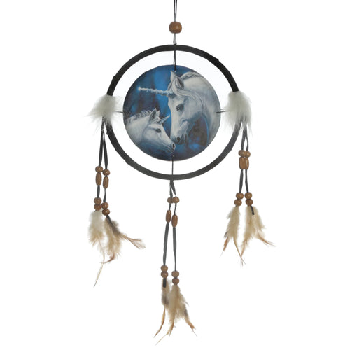 Front view of a dreamcatcher featuring a central illustration of two white unicorns on a blue background, with a black hoop, wooden beads, fluffy white accents, and light brown feathers.