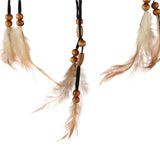 Close-up view of dreamcatcher hanging elements, featuring light brown feathers, round and oblong wooden beads, and black cords.