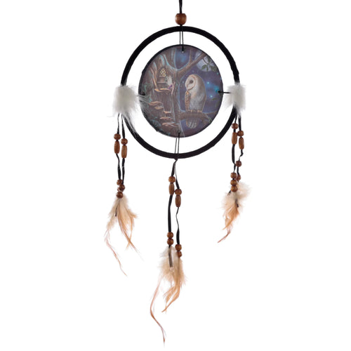 Front view of an owl and fairy dreamcatcher, depicting a white owl on a tree branch with a small fairy, black outer ring, white fluffy details, hanging wooden beads, and natural brown feathers.