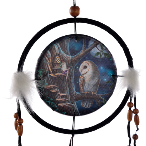 Close-up of a Lisa Parker Fairy Tales dreamcatcher, showcasing a central circular image of a barn owl perched on a tree branch, a fairy, and a starry night sky. The dreamcatcher features a black velvet-wrapped hoop, white feathery embellishments, and dangling strings with wooden beads.