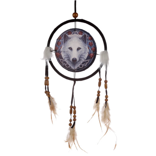 Front view of a wolf dreamcatcher with a detailed white wolf's head design on a dark, patterned background. The black hoop is decorated with white fluffy accents, while natural-coloured feathers and wooden beads hang from cords below.