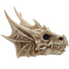 Angled view of a dragon skull decoration figurine, showcasing its realistic bone-like texture, sharp teeth, and prominent horns.