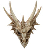 Front view of a bone-coloured dragon skull decoration, featuring prominent horns and intricate, weathered details.