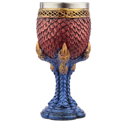 Decorative Scaled Dragon Claw Goblet in an upright, full view, showcasing its red scaled cup with gold Celtic knot detailing, blue dragon claw stem, and blue scaled base.