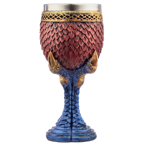 Decorative Scaled Dragon Claw Goblet, presented upright, featuring a red scaled cup with a gold Celtic knot band and metallic rim, supported by a blue scaled dragon claw stem with gold talons.