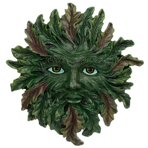 Front view of a Greenman wall plaque, sculpted face made from interwoven dark and light green leaves with brown accents, showing detailed eyes, nose, and mouth.