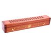 Angled view of a Sheesham wood ashcatcher incense burner box, featuring geometric carved cut-outs on the lid and brass sun, moon, and star inlays along the side.