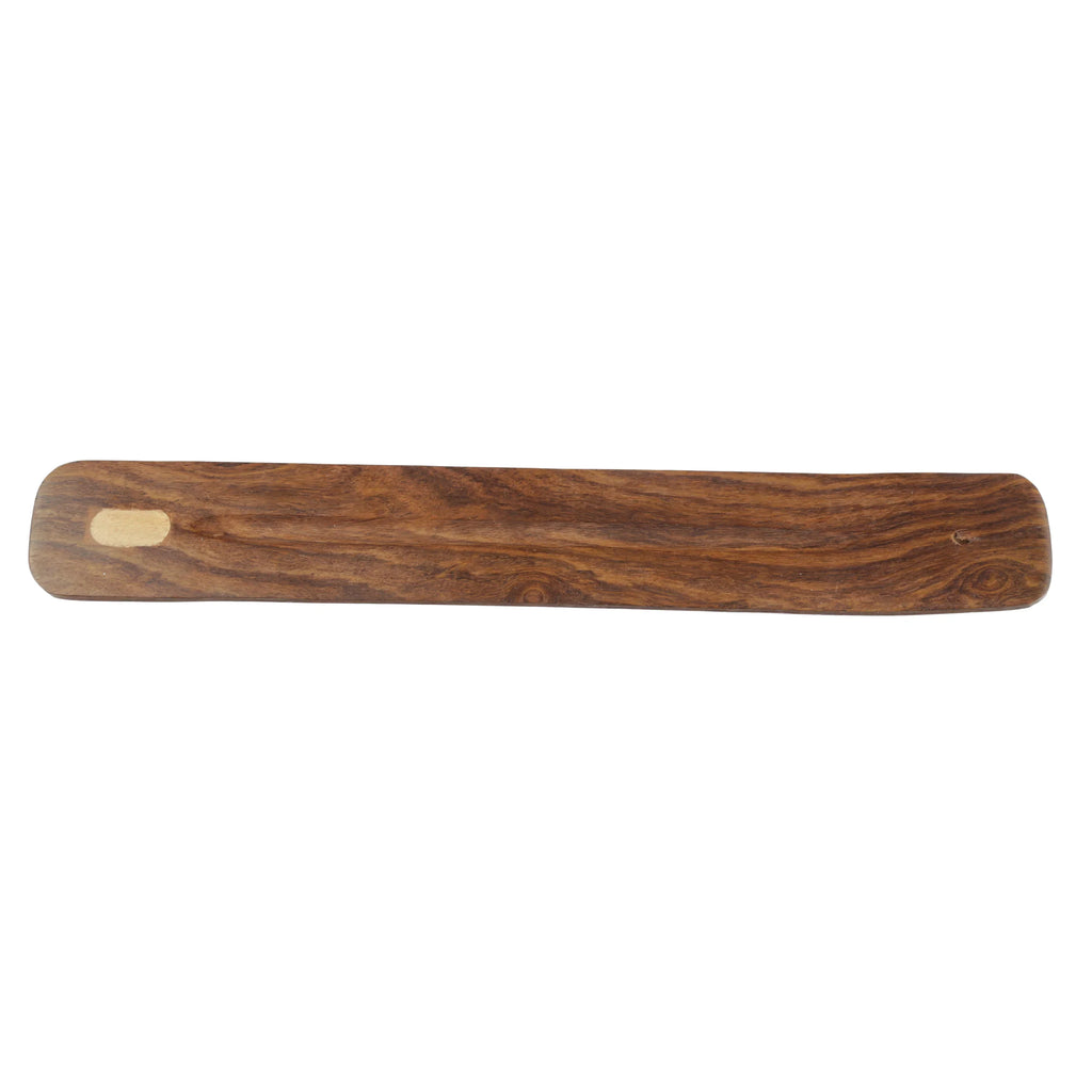 Top view of a Sheesham wood ashcatcher incense stick burner with a pale wood inlay.