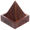 Angled view of a sheesham wood pyramid incense cone box, featuring flower fretwork on the pyramid and carved detailing on the square base.