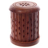 Angled view of a carved sheesham wood barrel incense holder, featuring a deep reddish-brown colour. It has vertical ridged sides with diamond-shaped ventilation cut-outs and a star-carved pattern on the top.