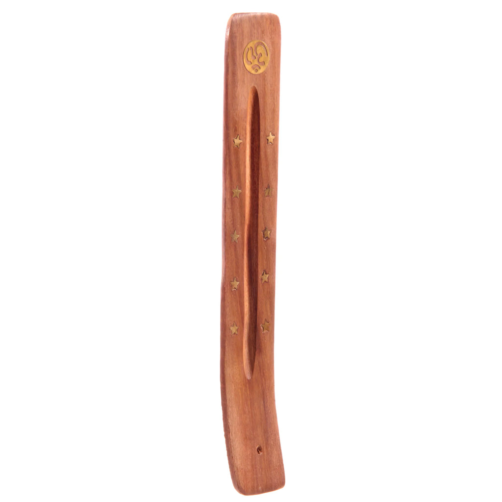 Upright view of a Sheesham wood ashcatcher incense stick burner, featuring a central ash groove, a brass-coloured circular symbol inlay at the top, and multiple brass-coloured star inlays along its length.
