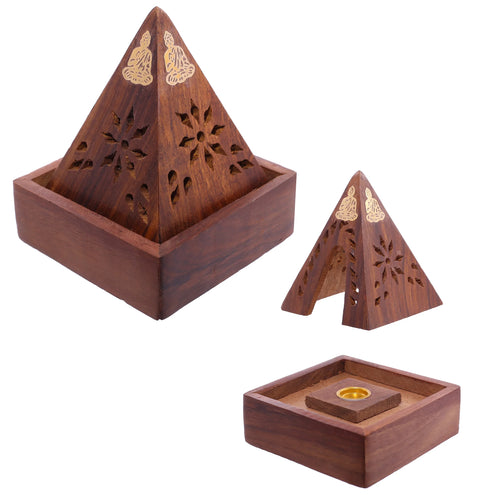 Angled views of a Sheesham wood pyramid incense cone burner box. The dark wood pyramid features golden Buddha details and intricate cut-out designs, with the base and internal golden metal cone holder also visible.