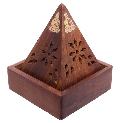 Angled view of a dark brown Sheesham wood pyramid incense cone burner box with golden Buddha figures and carved floral patterns on its sides, set on a square base.