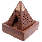 Angled view of a brown Sheesham wood pyramid incense cone burner box, featuring golden Buddha figures and carved decorative patterns.