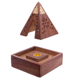 Angled view of a dark brown Sheesham wood pyramid incense cone burner box. The pyramid lid features golden Buddha motifs and carved floral patterns. The separate square base holds a golden metal incense cone holder.