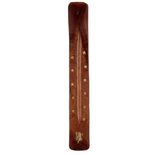 Top view of a rich brown Sheehsam wood incense stick ashcatcher, featuring golden star and fairy inlays and a central groove.
