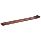 Angled view of a dark brown Sheesham wood ash-catching incense holder, featuring engraved stars along the central groove and a fairy design.