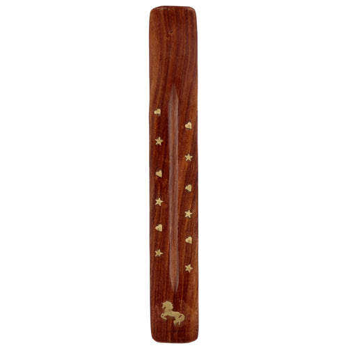 Front view of a reddish-brown Sheehsam wood unicorn ashcatcher incense stick burner, featuring a central groove with decorative gold-coloured star and heart inlays.