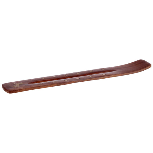 Angled top-down view of a rich reddish-brown Sheehsam wood incense holder. It features a carved unicorn motif at one end and multiple small star inlays along the central ash-catching channel, which includes a hole for an incense stick.