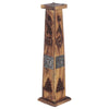 Angled view of a mango wood ashcatcher incense holder tower, designed for sticks and cones, featuring silver elephant inlays and decorative carved patterns on its sides.
