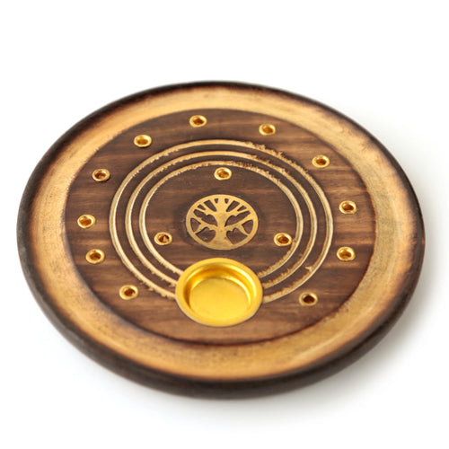 Round mango wood ashcatcher incense holder, displayed from an overhead angle, featuring a golden Tree of Life symbol and concentric rings. It includes multiple small golden holes for incense sticks and a central golden cup for incense cones.